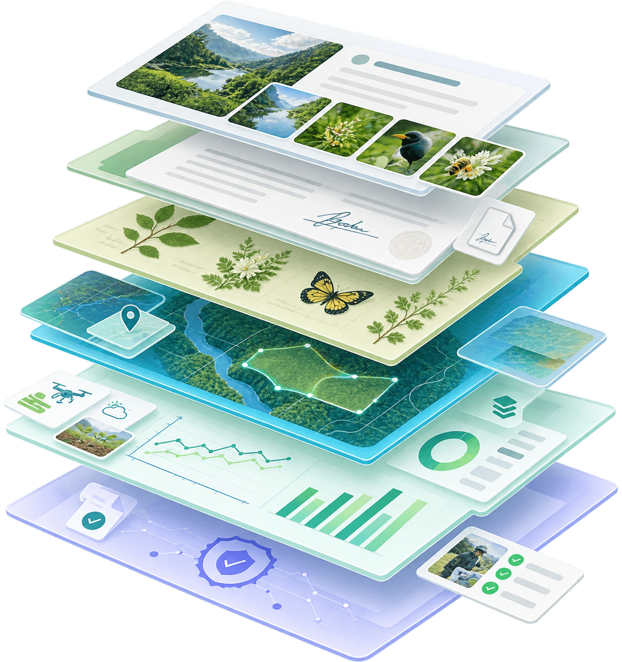 Geoblocs evidence architecture — stories, photographs, legal agreements, biodiversity surveys, GIS data, monitoring records and independent verification, layered into one living record